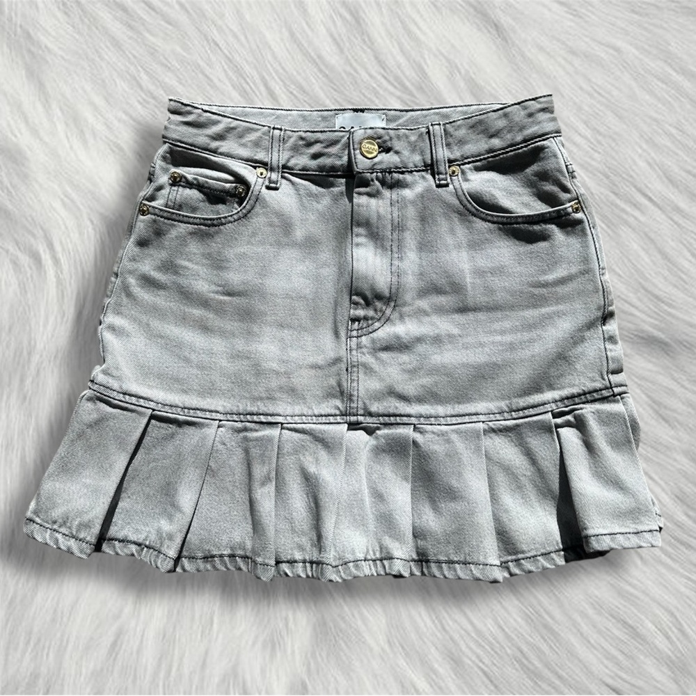 Ganni Light Gray future Denim Pleated Mini Skirt Sz 34